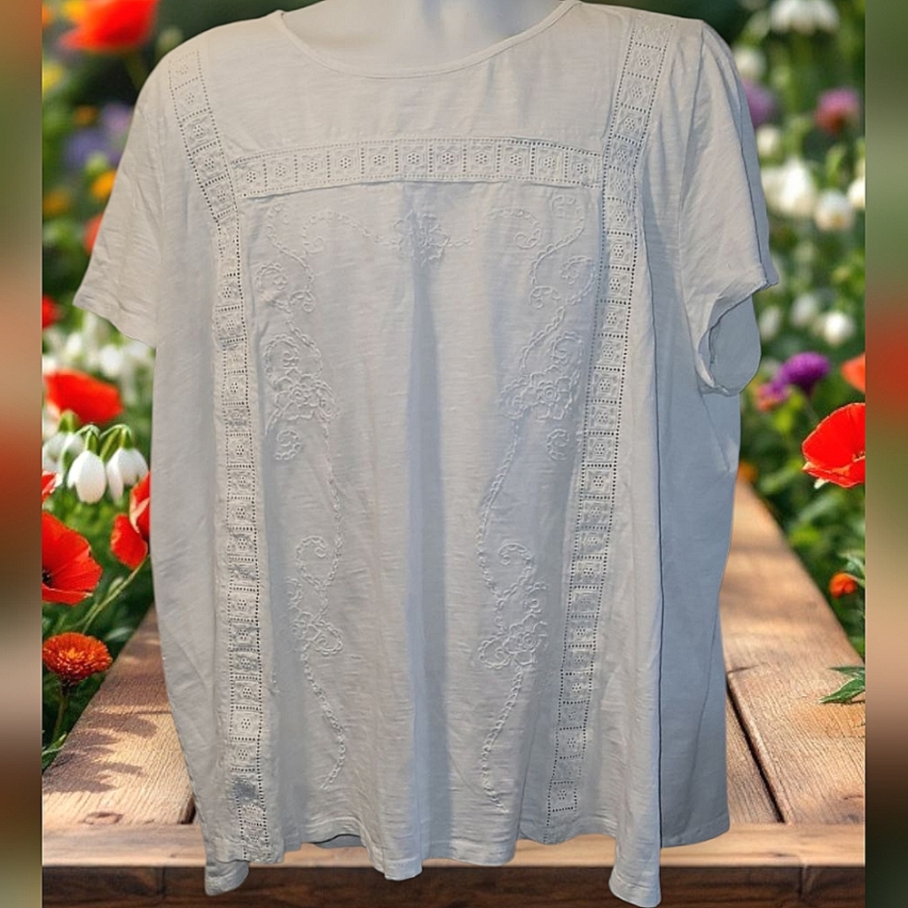 🌸Lane BryantTunic Top Embroidered Eyelet Cotton Boho Shortsleeve White